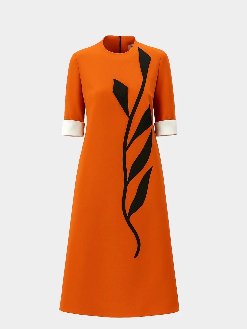 Orange Midi Dress with Black Leaf Graphics and Cream Cuffs
